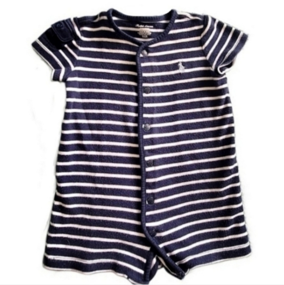 Ralph Lauren Baby Boy Blue & White  Striped Romper size 9 months Light Blue Logo